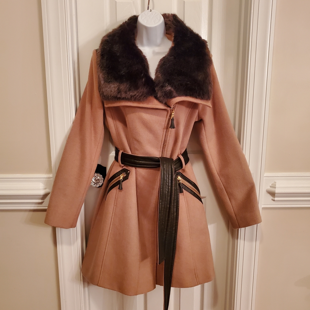 VIA SPIGA Camel Wool Blend Faux Fur Collar Asymmetrical Belted Coat 14